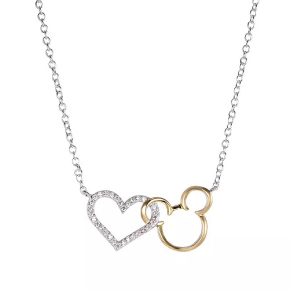 Mickey Mouse Cubic Zirconia Heart Pendant Necklace in Silver Plate